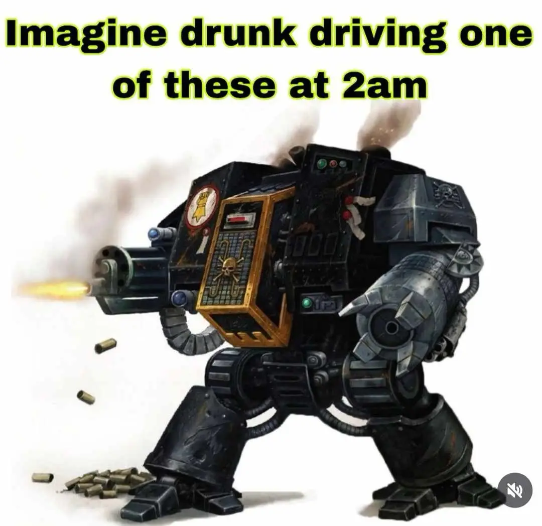 A heavily armored, black and gold mechanical walker with a mounted gun firing, smoke billowing from its top, and spent…