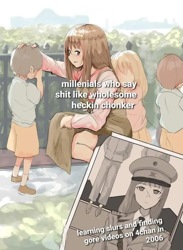 An anime-style image shows a young girl with brown hair sitting on a ledge, gently touching the head of a small child who is…