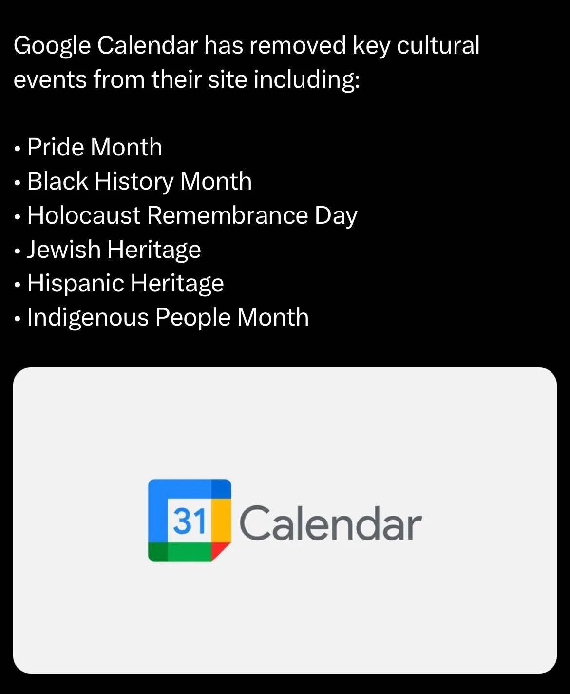 A black background displays white text listing cultural events allegedly removed by Google Calendar, followed by the Google…