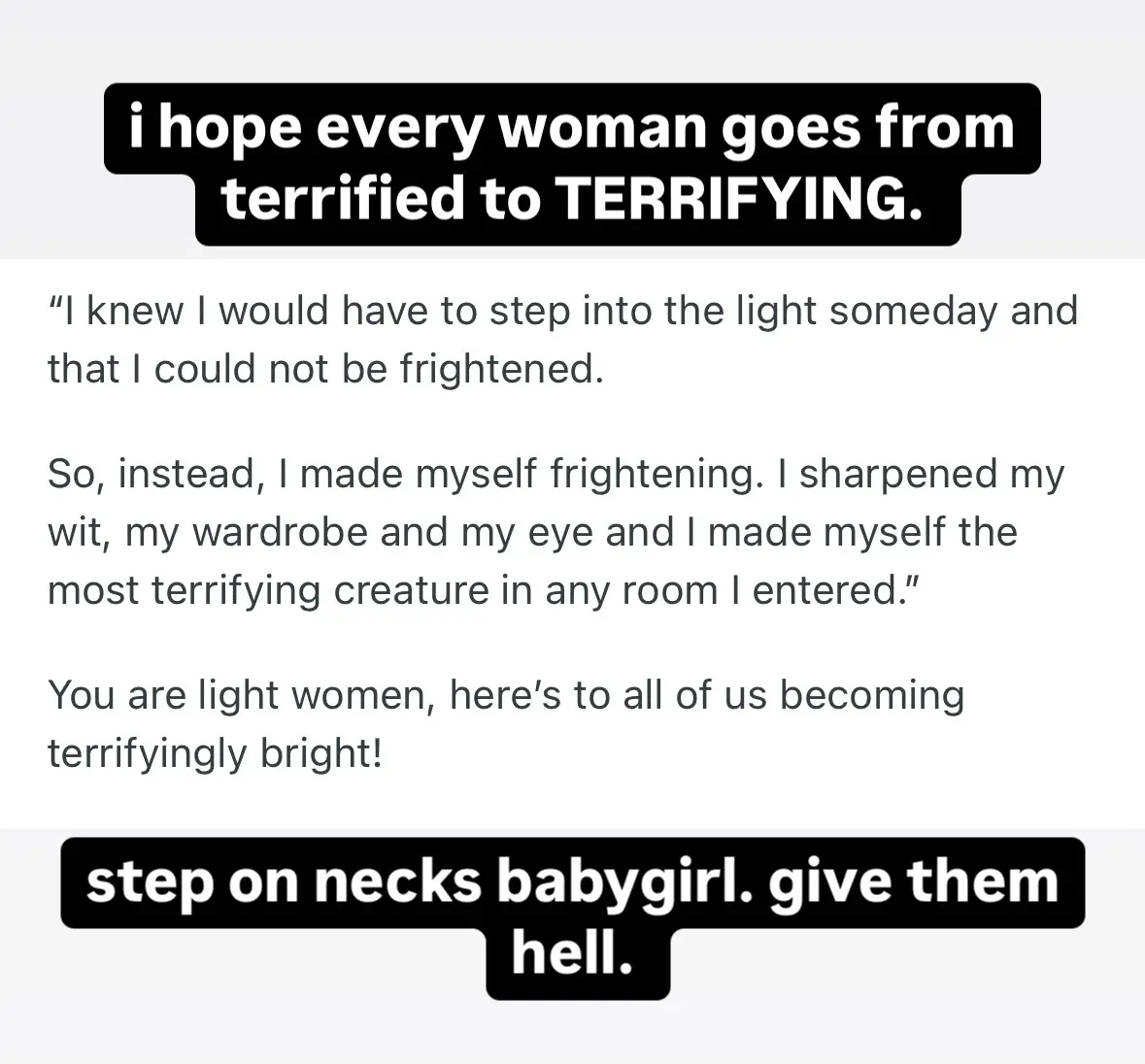 The image displays a white background with black text boxes containing a motivational quote about women becoming…