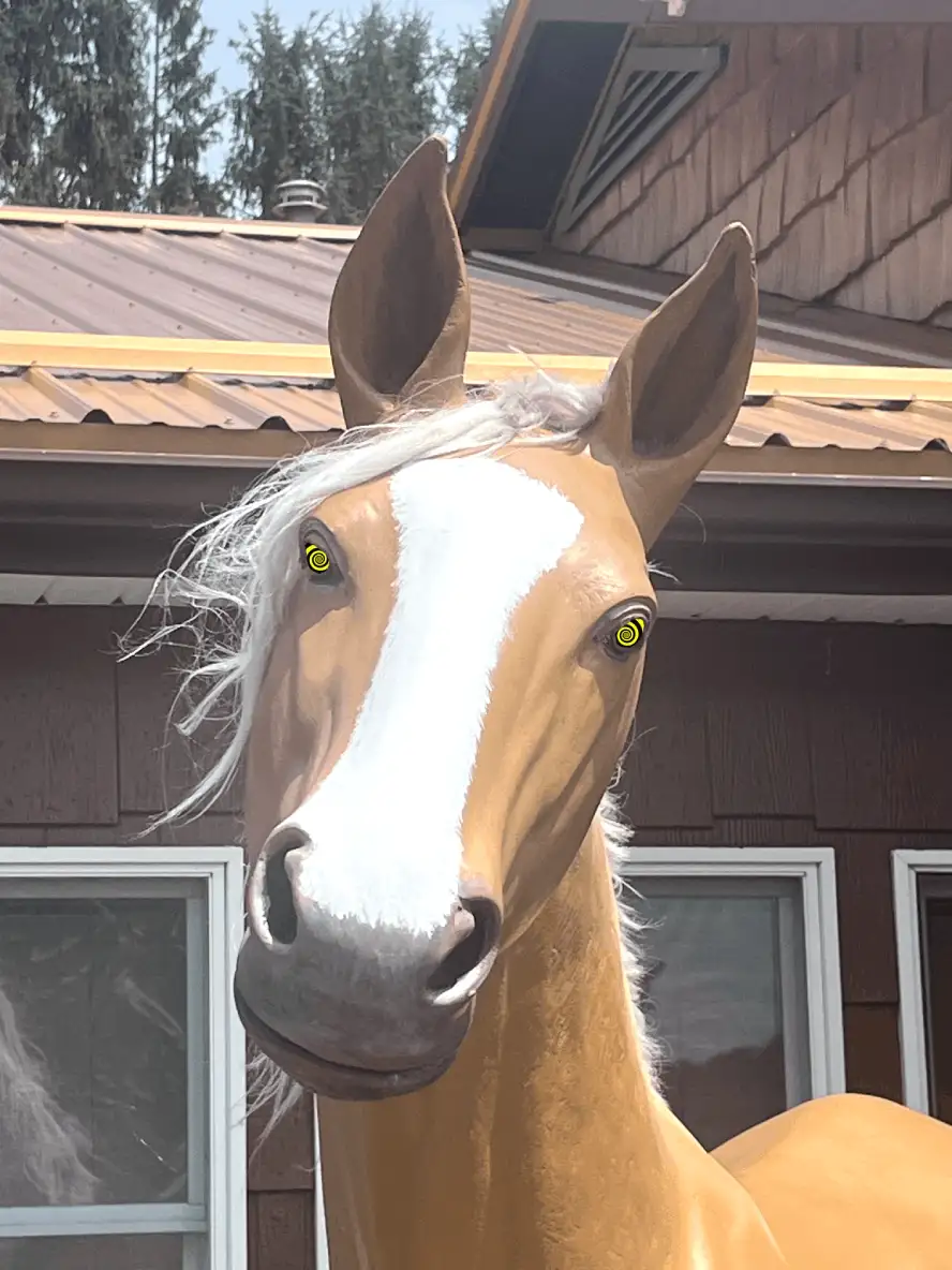 The image displays six identical panels of a brown horse statue with a white blaze on its face, standing in front of a…