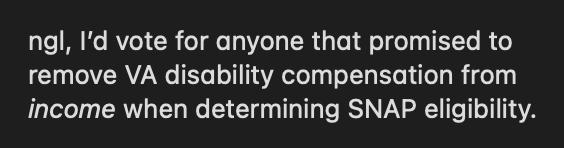 A black background with white text that reads: 'nlg, I'd vote for anyone that promised to remove VA disability compensation…