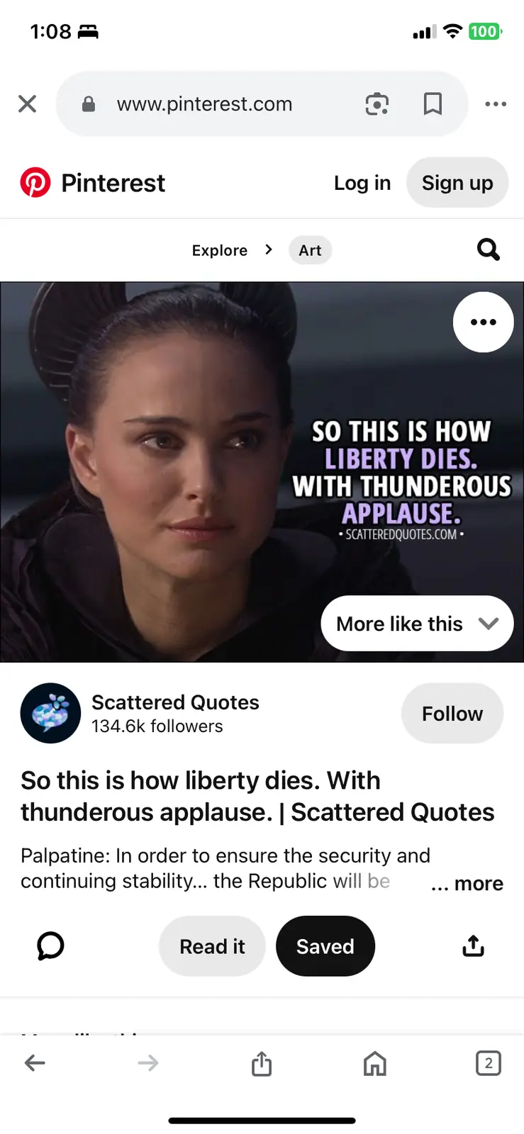 A screenshot of a Pinterest pin featuring a close-up of actress Natalie Portman as Padmé Amidala from Star Wars, looking…