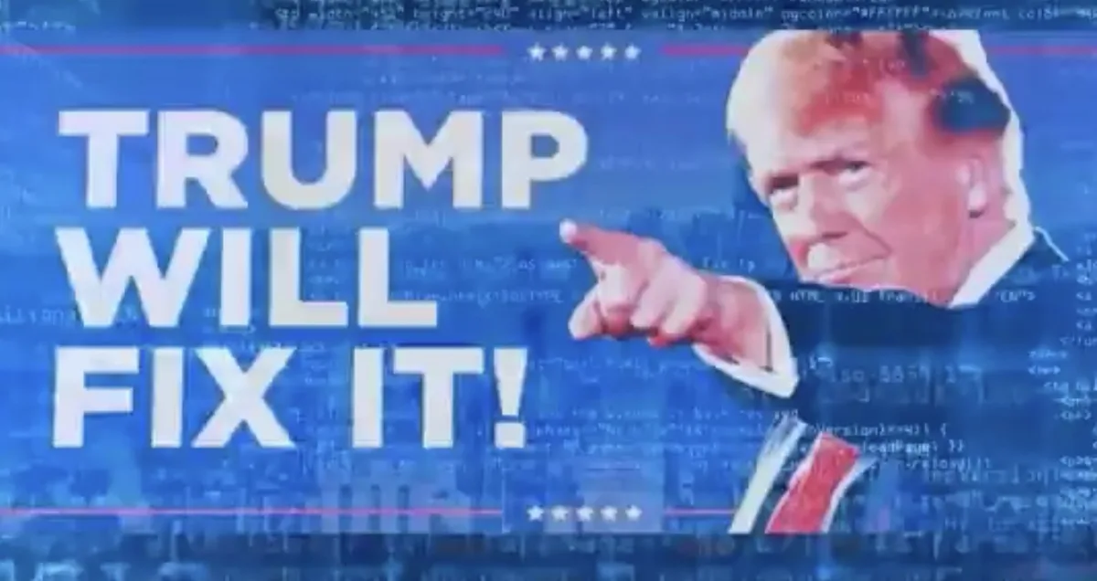 A digitally altered image shows a man, identified as Donald Trump, pointing forward against a blue background filled with…