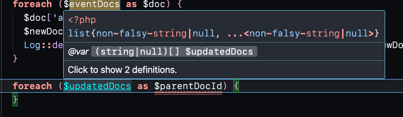 A screenshot of a PHP code editor with syntax highlighting, showing a foreach loop iterating over an array of documents. A…
