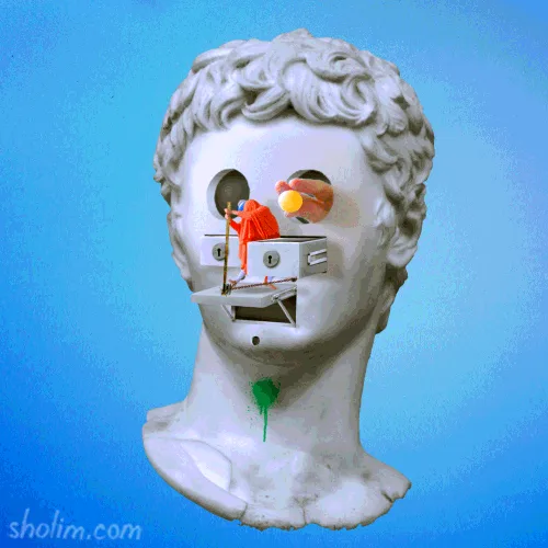 A six-panel image shows a white marble bust of a classical figure with its eyes and mouth replaced by mechanical components…