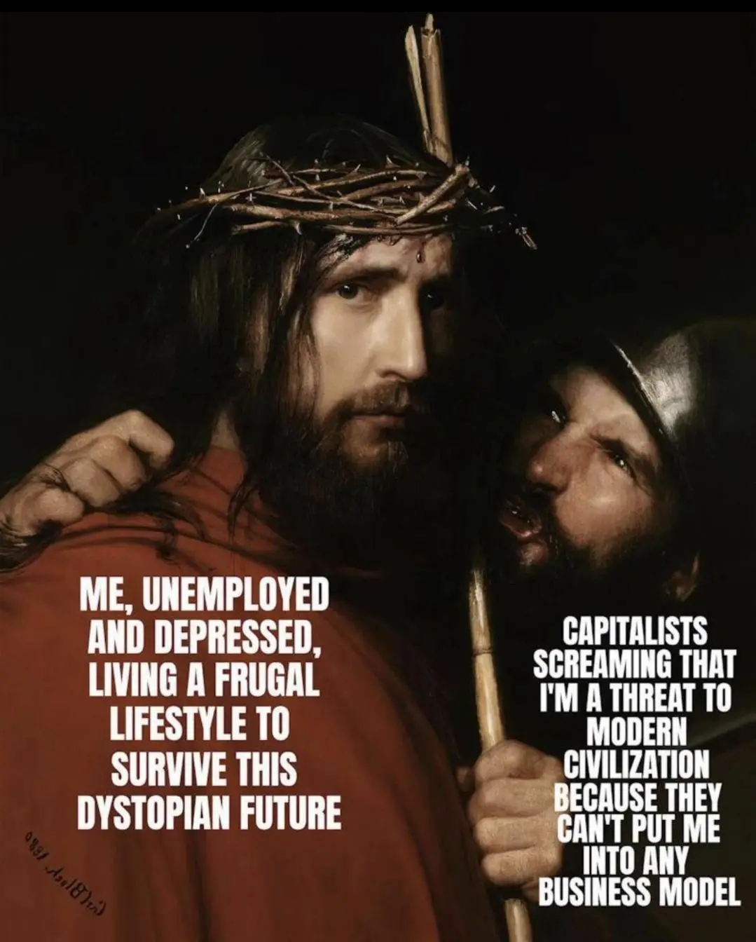 A dramatic painting depicts Jesus Christ wearing a crown of thorns, looking weary and resigned, while a Roman soldier in…