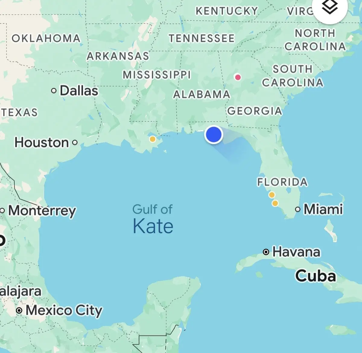 A map of the southeastern United States and Gulf of Mexico with a blue circle highlighting a location off the coast of…