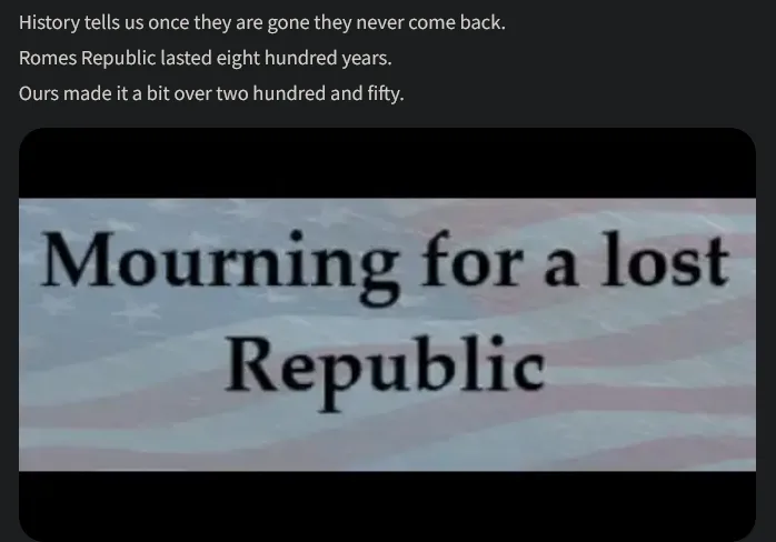 The image displays the text 'Mourning for a lost Republic' overlaid on a faded American flag background. Above the image…