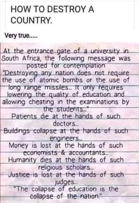 The image displays a typed message titled 'HOW TO DESTROY A COUNTRY.' It claims that destroying a nation doesn't require…