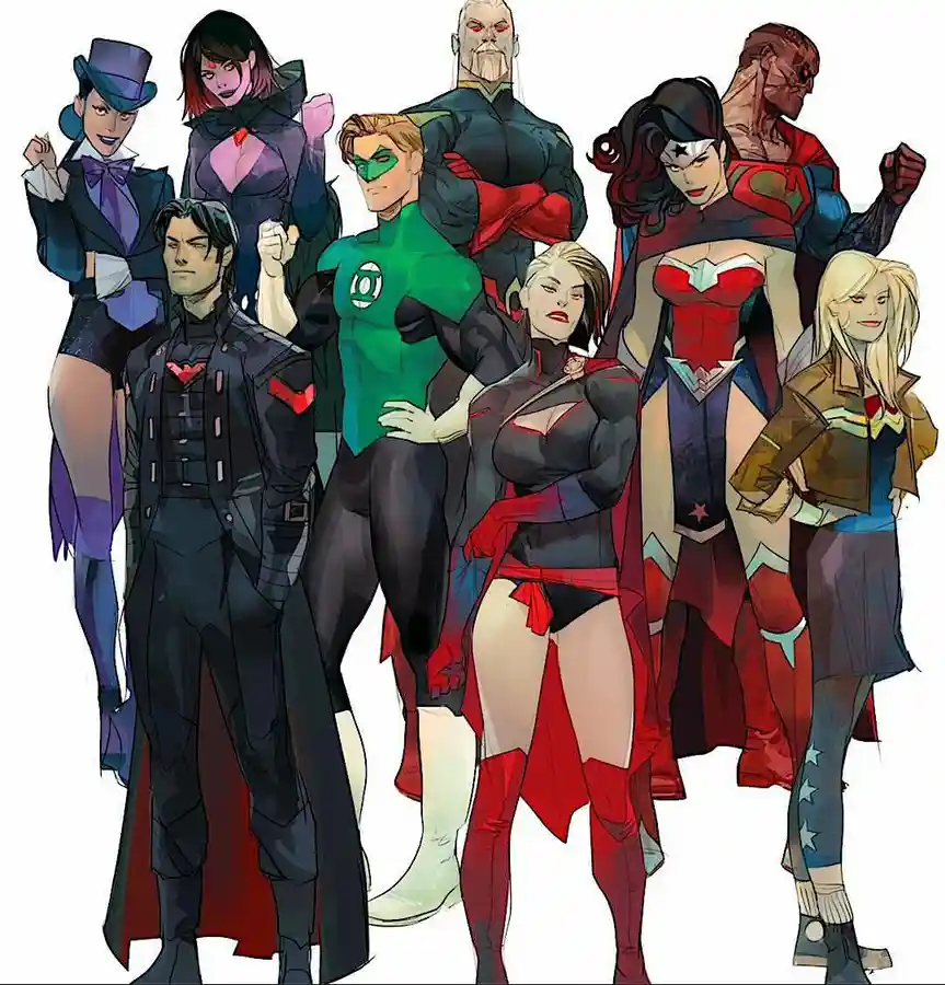A group of nine comic book superheroes and villains pose confidently together against a white background. The characters…