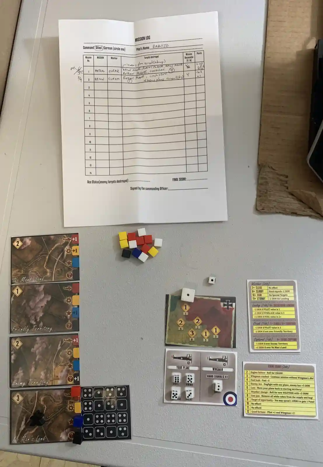 A tabletop wargame setup on a white surface, featuring a 'MISSION LOG' form with handwritten entries, game cards labeled 'No…