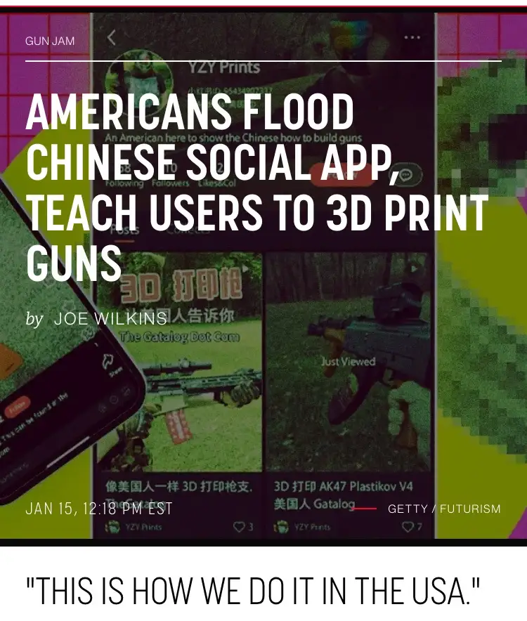 The image shows a screenshot of a Chinese social media app interface displaying posts about 3D-printed guns, overlaid with…