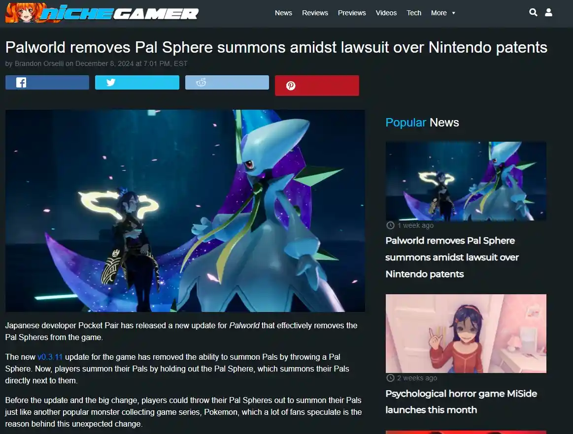 A screenshot of a news article from 'Niche Gamer' about Palworld removing the Pal Sphere summoning mechanic due to a lawsuit…