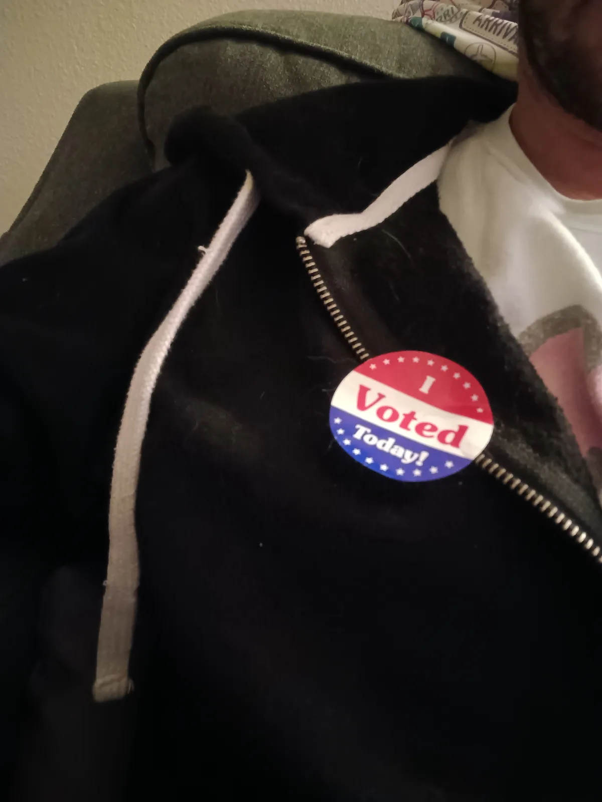 A close-up photo shows a person wearing a black zip-up hoodie with a red, white, and blue circular 'I Voted Today!' sticker…
