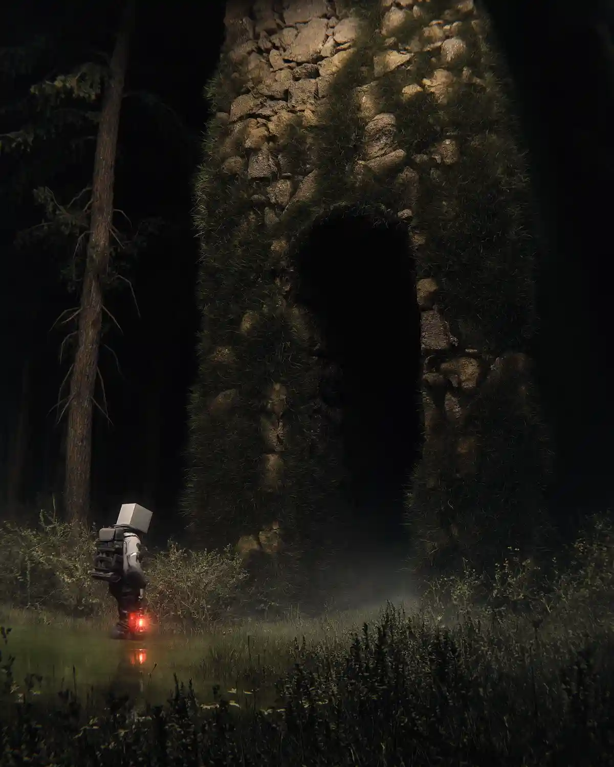 A lone figure in a futuristic suit with a glowing red light on their back stands in a dark, misty forest at night, facing a…