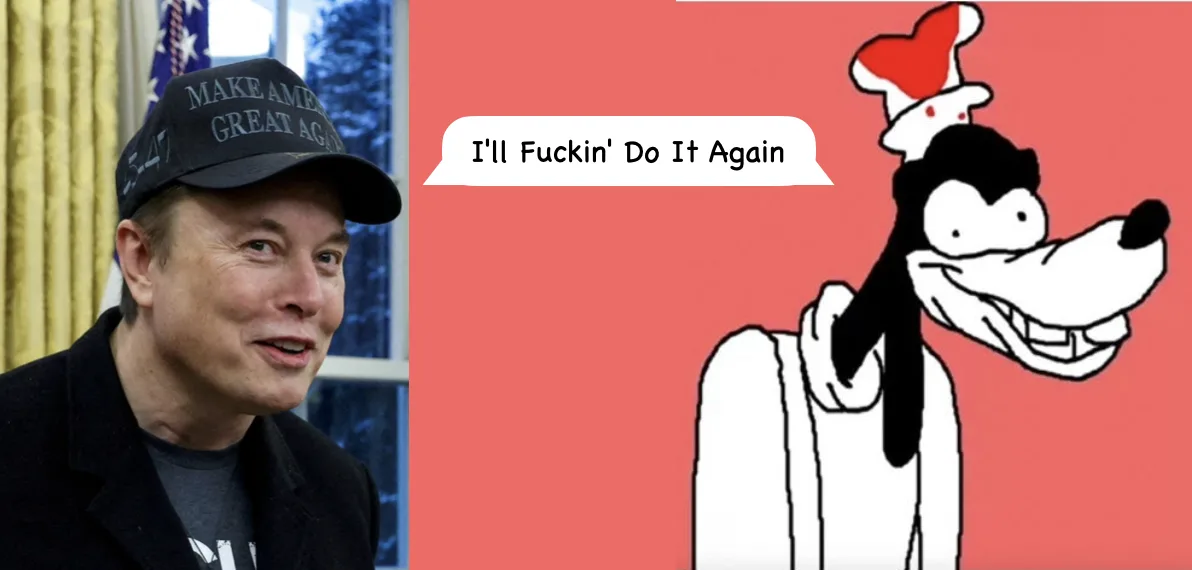 The image is split: on the left, Elon Musk wears a black cap with 'MAKE AMERICA GREAT AGAIN' and '5-47' visible, standing in…