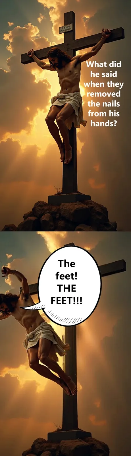 The image is split into two panels. The top panel shows a depiction of Jesus on a cross with overlaid text asking, 'What did…