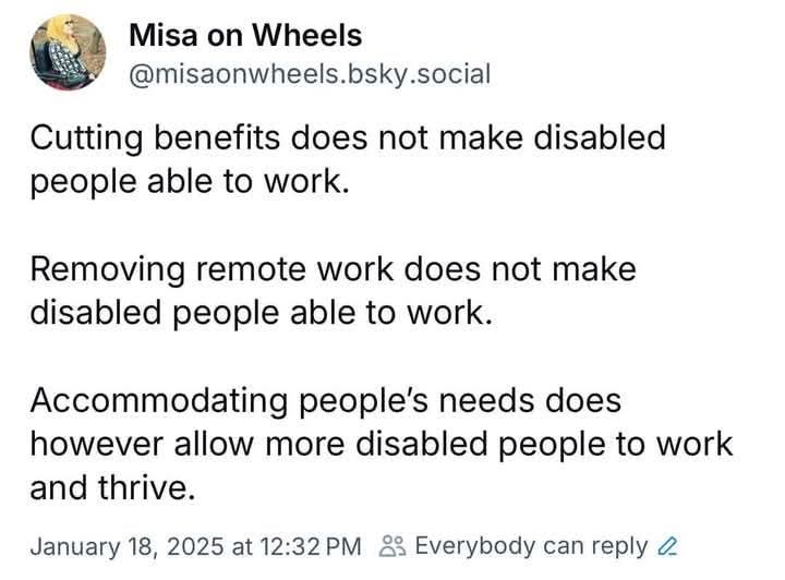 A screenshot of a social media post by 'Misa on Wheels' with three bullet points stating that cutting benefits or removing…
