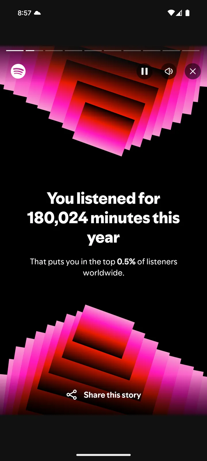 A Spotify year-end summary screen showing a user listened for 180,024 minutes, placing them in the top 0.5% of global…