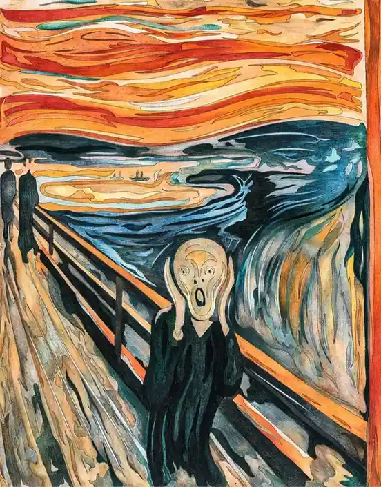 The image is Edvard Munch's famous painting 'The Scream,' depicting a pale, screaming figure with hands to its face standing…