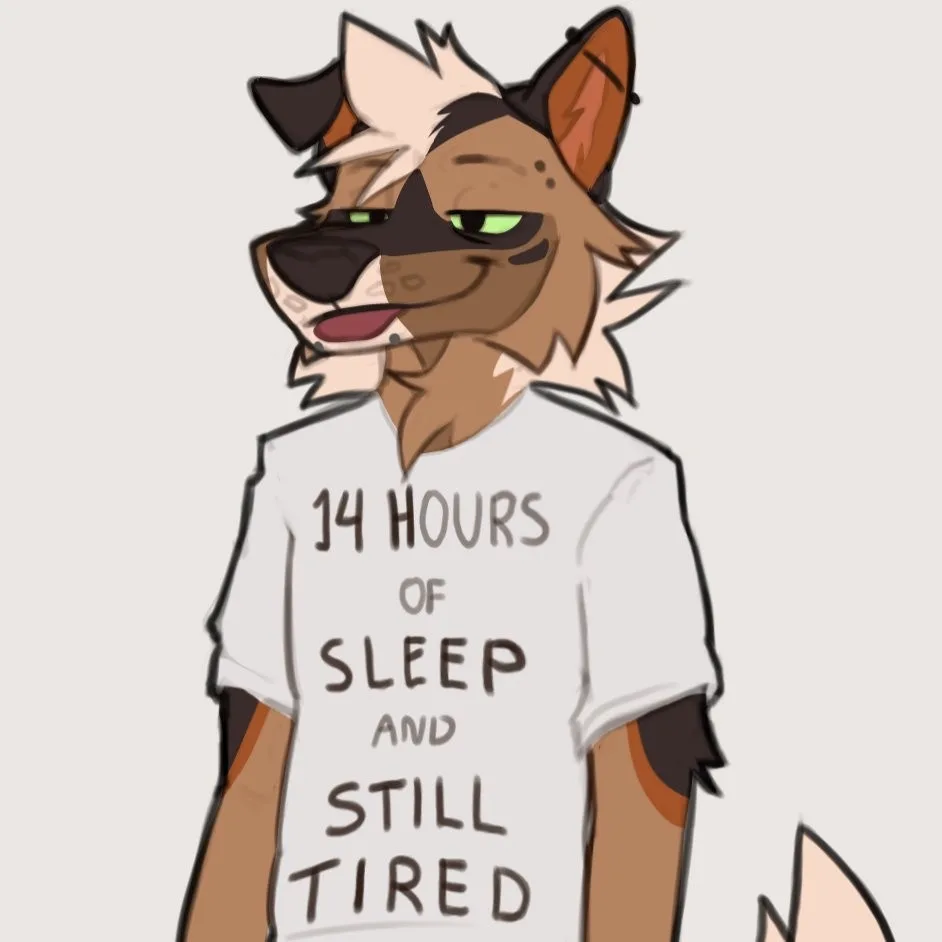 A cartoon anthropomorphic wolf with tired green eyes and a weary expression wears a white t-shirt that reads '14 HOURS OF…