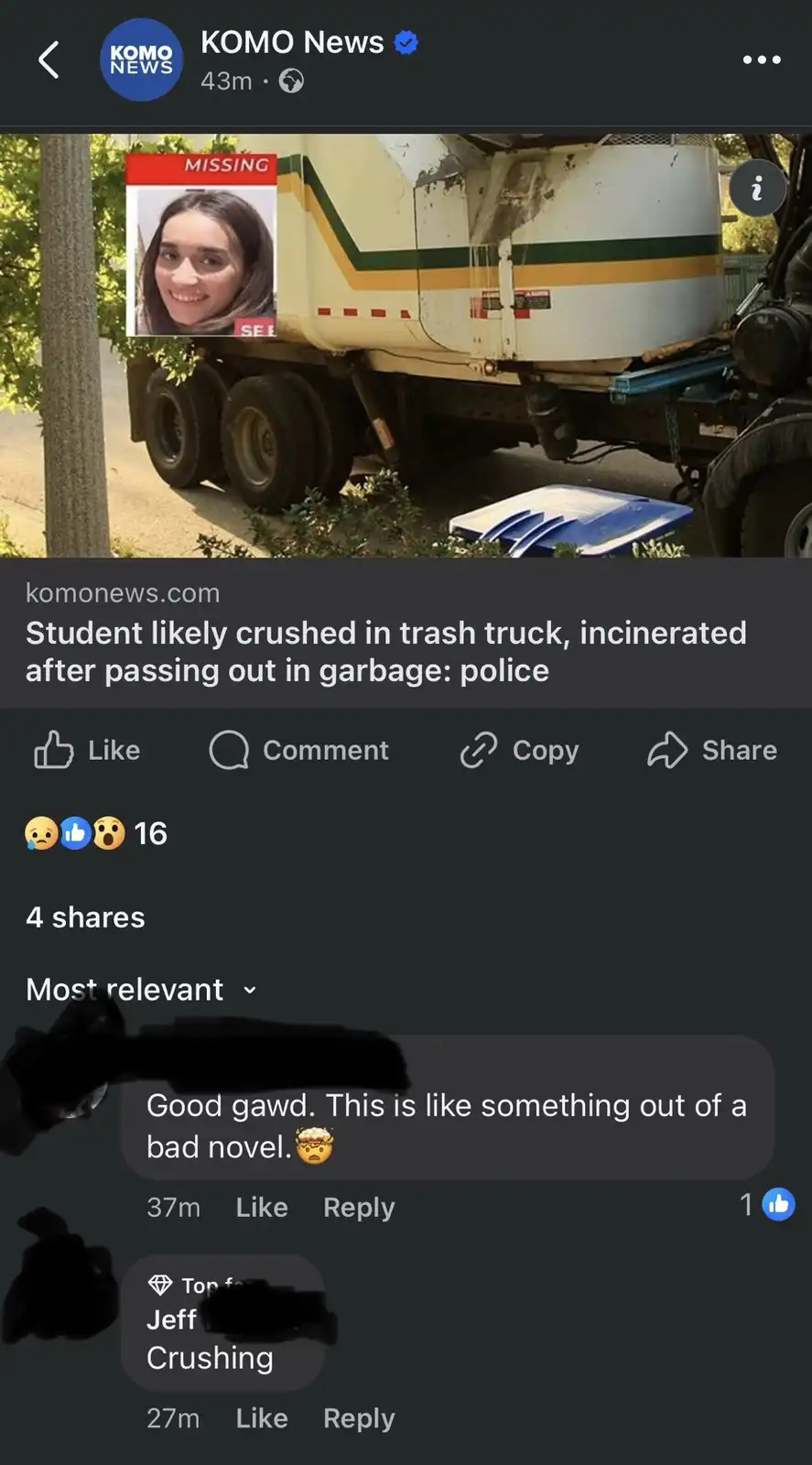 A screenshot of a KOMO News Facebook post shows a photo of a missing person's photo overlaid on a trash truck, with the news…