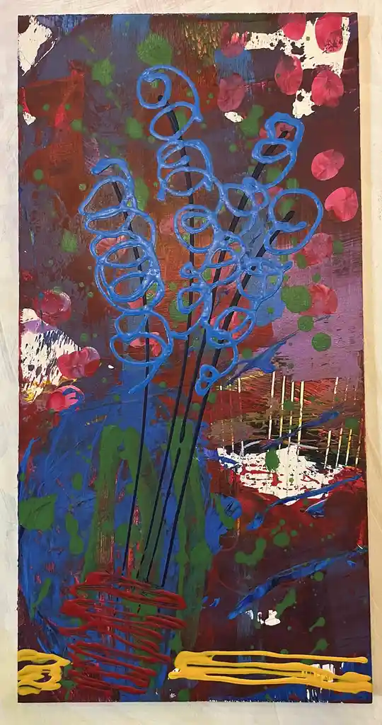 An abstract painting features swirling blue lines resembling flowers or vines against a chaotic background of red, green…