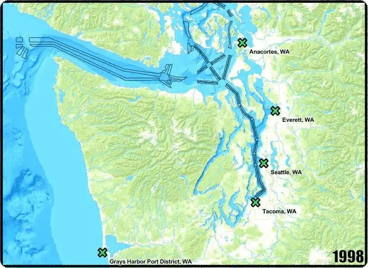 Six side-by-side maps of the Pacific Northwest coast show a gradual increase in red dots, representing marine debris or…
