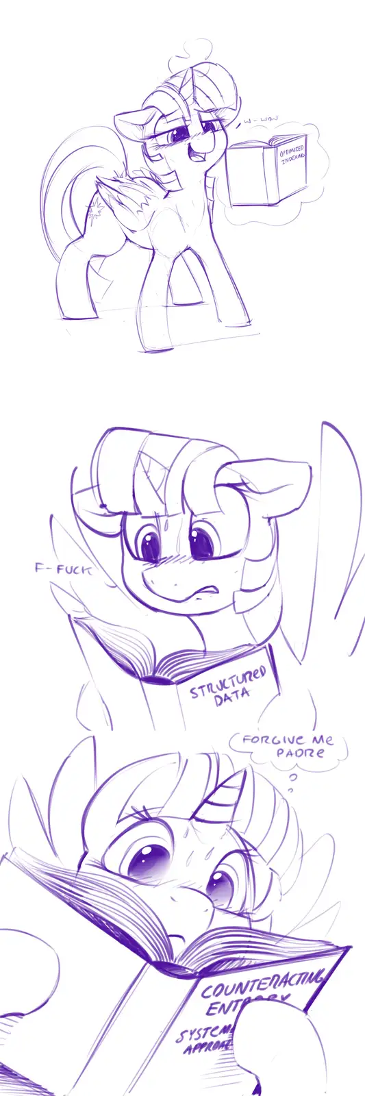 A purple line-art comic strip shows a pony character reading increasingly complex technical books. The first panel shows her…