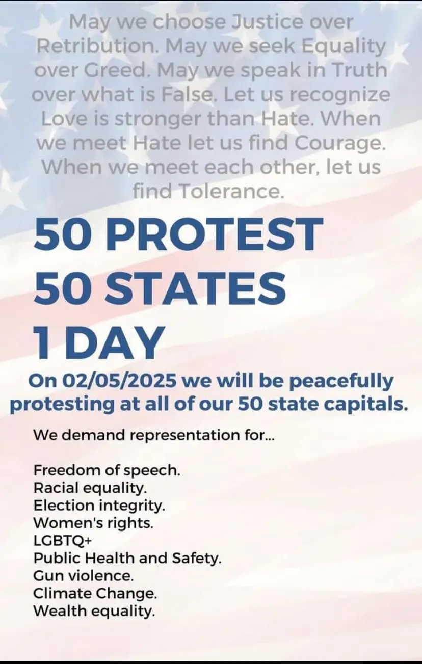 An image with an American flag background displays a protest flyer. The text announces a coordinated event called '50…