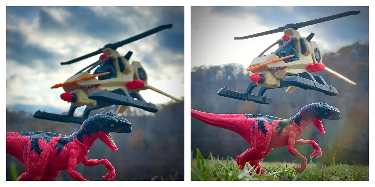 Two side-by-side photos show a red and black toy dinosaur on grass looking up at a toy helicopter with a pilot figure. The…