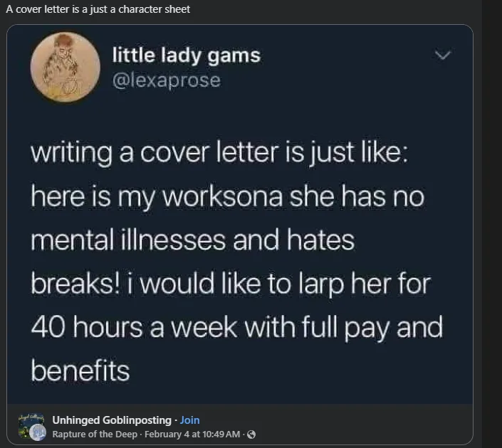 A screenshot of a tweet from 'little lady gams' (@lexaprose) on the platform 'Unhinged Goblinposting' dated February 4 at…