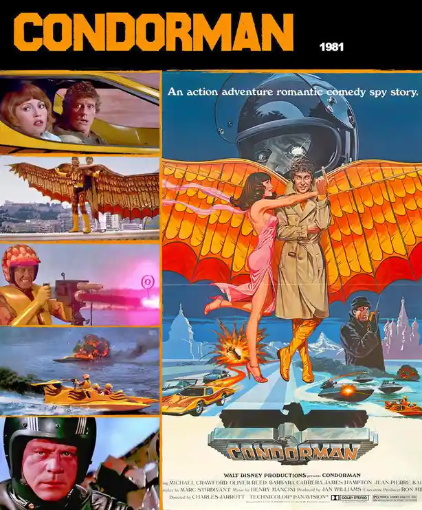 This is a movie poster for the 1981 film 'Condorman,' featuring a collage of scenes including a man and woman in a yellow…