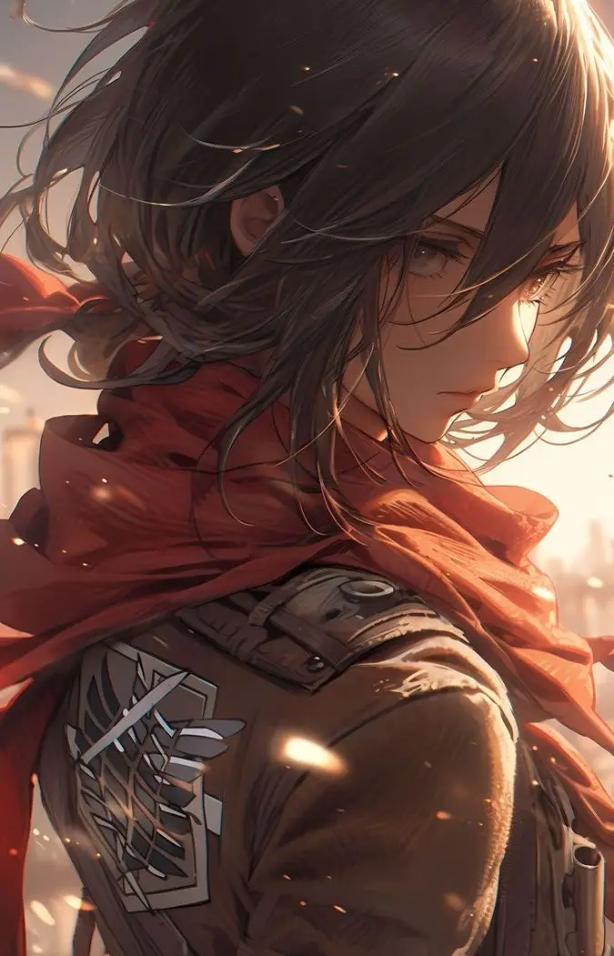 An anime-style illustration of a young woman with dark hair and a red scarf, wearing a brown jacket with a silver emblem on…