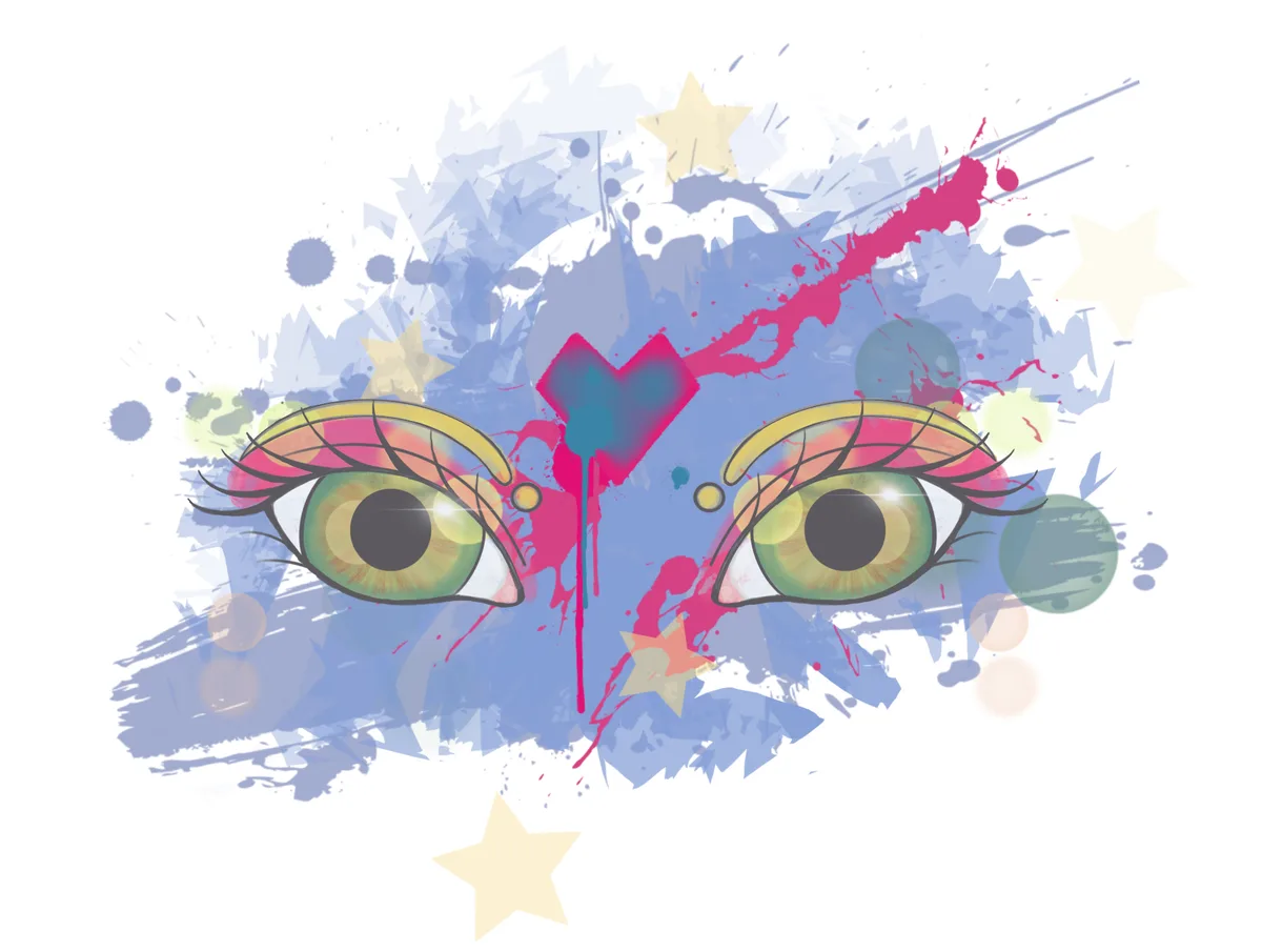 A stylized illustration of two large, expressive green eyes with long lashes, surrounded by colorful paint splatters, stars…