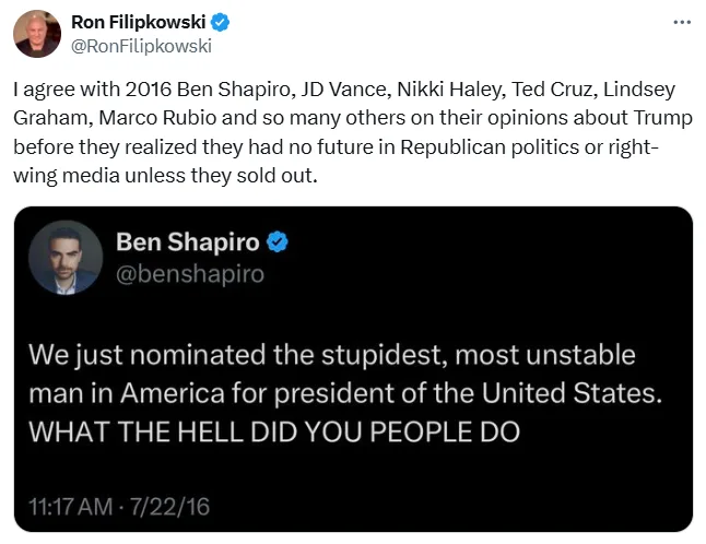 A screenshot of a 2016 tweet by Ben Shapiro, where he expresses shock and disbelief at the Republican nomination of Donald…