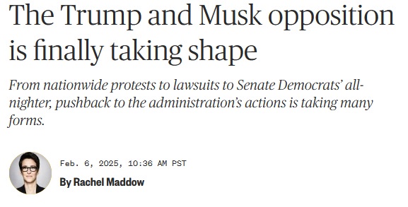 A screenshot of a news article headline from Rachel Maddow dated February 6, 2025, which reads 'The Trump and Musk…