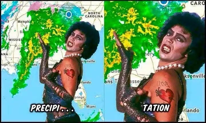 A split image shows a person in a sparkly outfit and pearl necklace standing in front of a weather map, with the word…