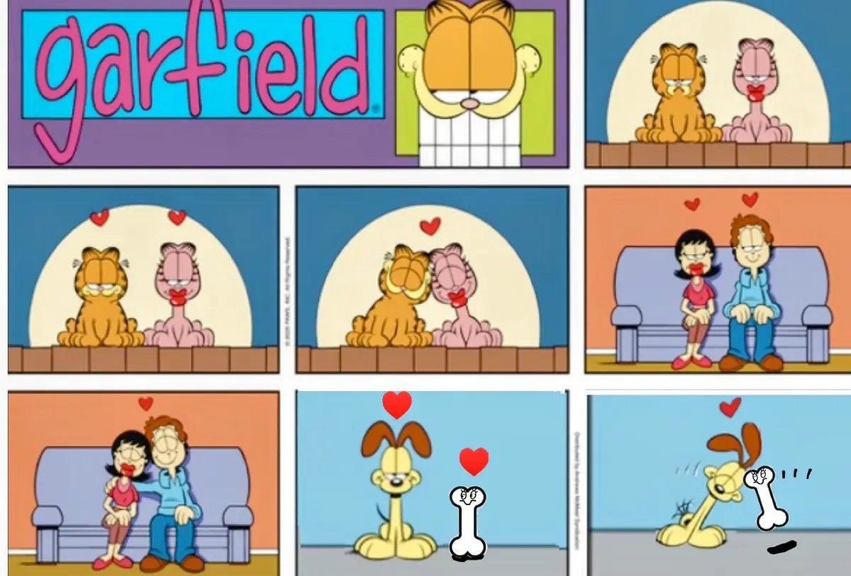 A Garfield comic strip panel showing Garfield and his pink female cat lover sitting on a brick wall under a moon, then…