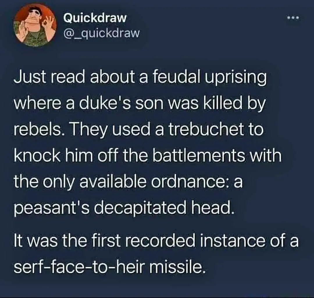 A screenshot of a tweet from user Quickdraw (@_quickdraw) with a dark background and white text. The text humorously…