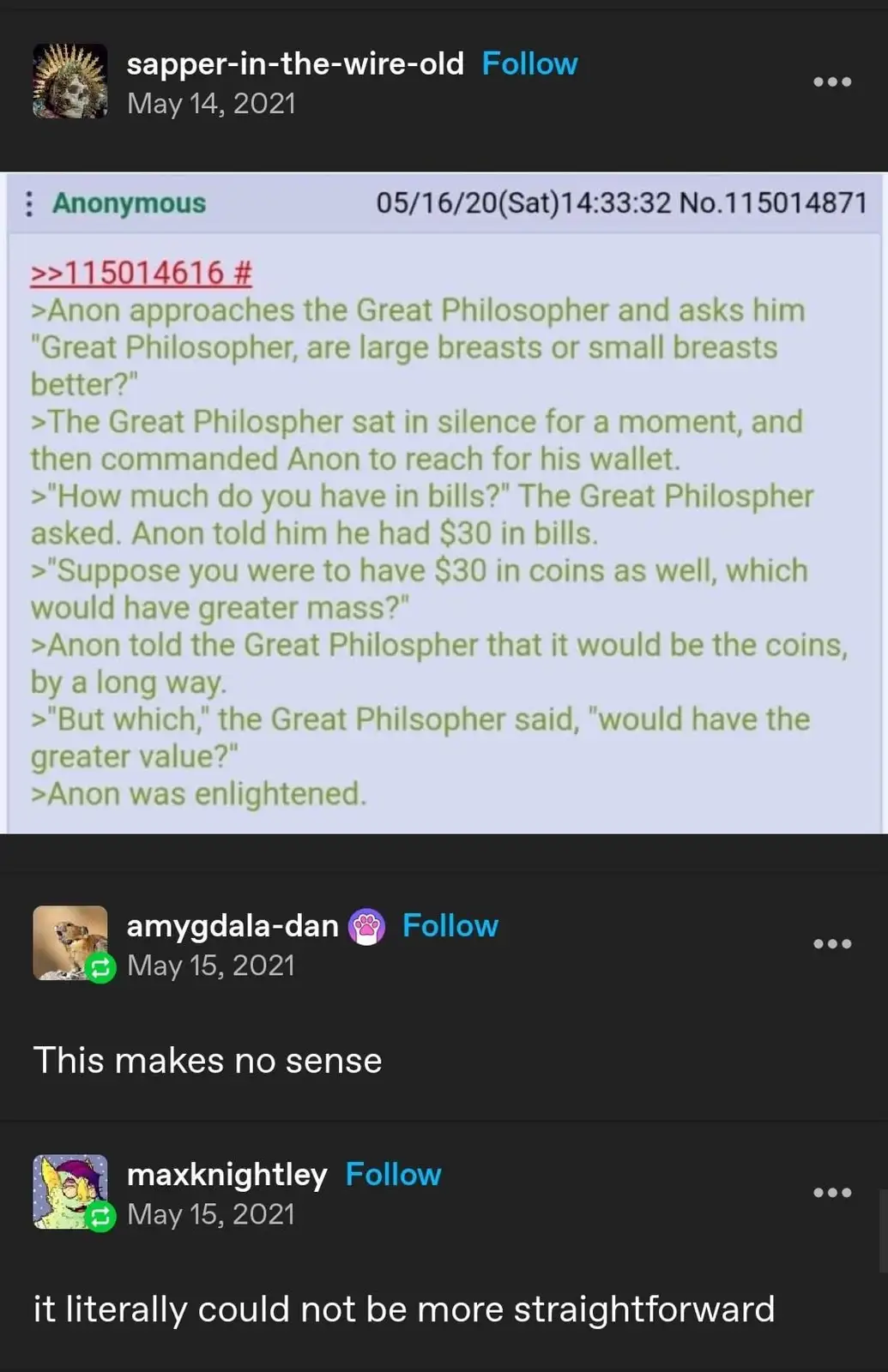 The image displays a screenshot of a 4chan thread where a user asks a philosopher about breast size, leading to a bizarre…