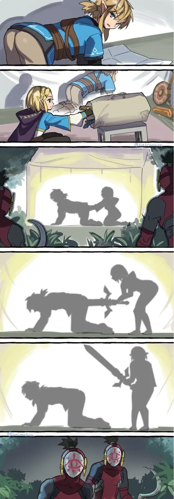 A six-panel comic depicts Link from The Legend of Zelda being trained by a shadowy figure, who is later revealed to be a…