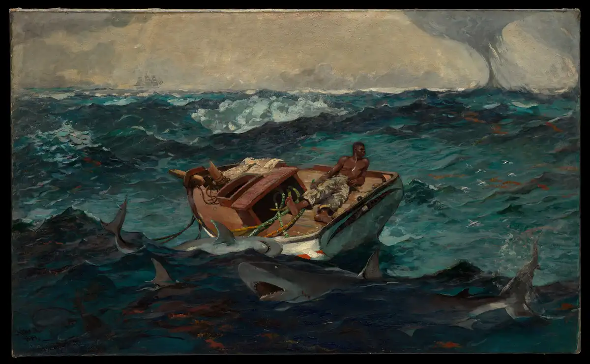 A dramatic painting shows a lone man in a small boat surrounded by multiple sharks in rough, dark ocean waters under a…