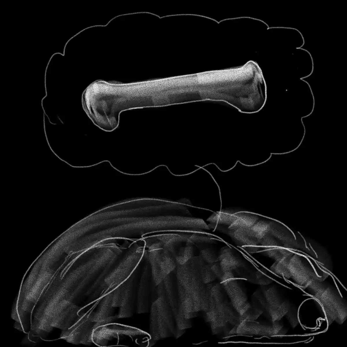 A black-and-white image shows a thought bubble containing a bone, connected by a line to a ruffled skirt below. The text…