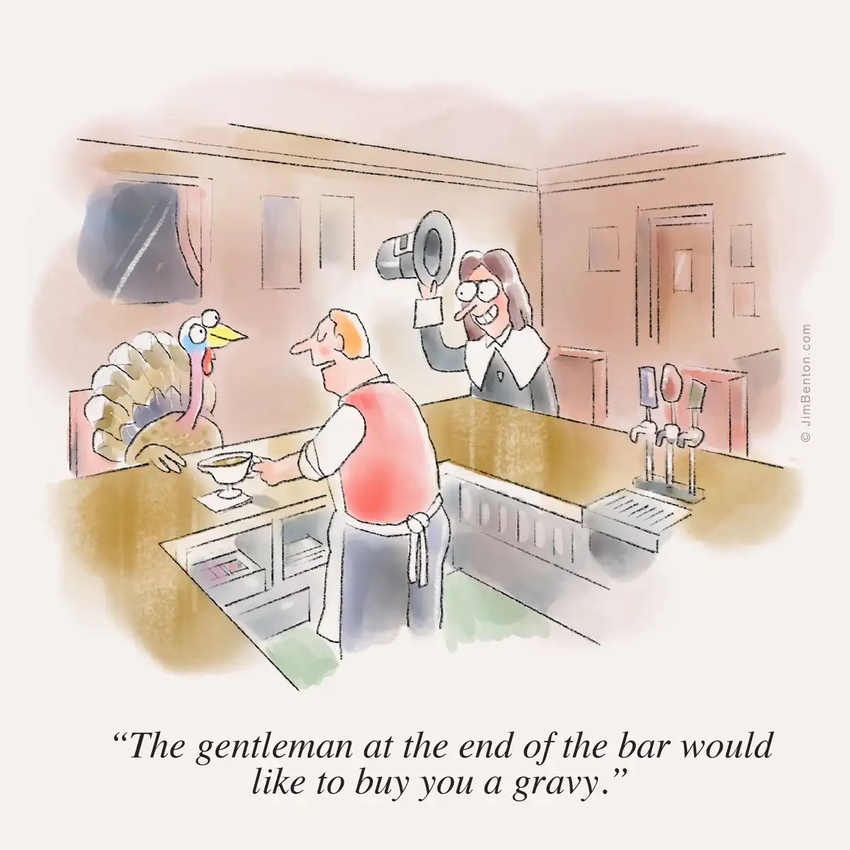 A cartoon depicts a turkey sitting at a bar, looking surprised as a bartender in a red vest serves it a bowl of gravy…
