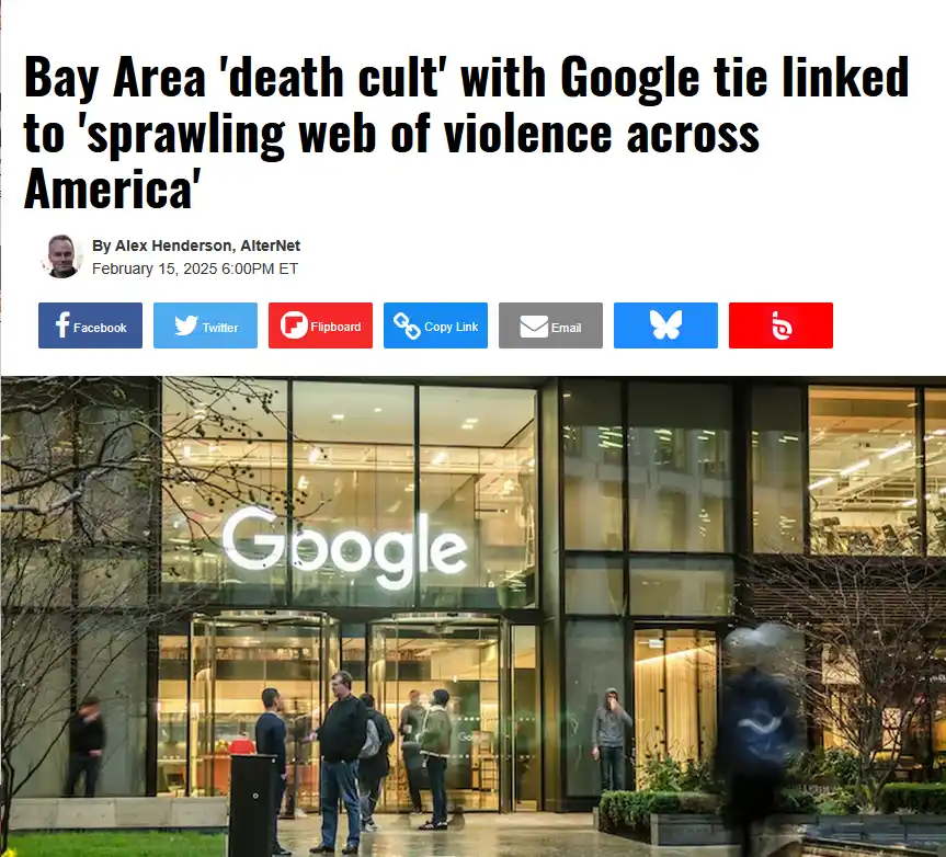 An image of the Google headquarters entrance with people walking around, overlaid with a fake news headline from 'AlterNet'…