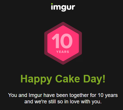 A black background with the Imgur logo at the top, a pink hexagon with '10 YEARS' inside, and green text below reading…
