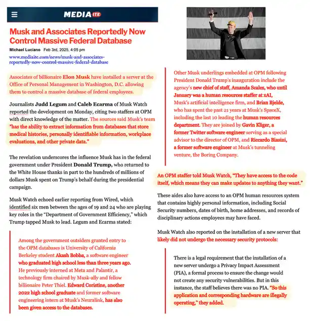The image displays a screenshot of a Mediaite news article dated February 3rd, 2025, with a headline claiming that…