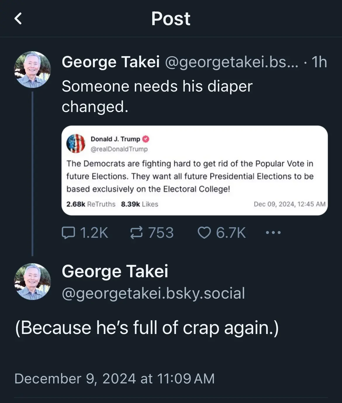 A screenshot of a social media post by George Takei replying to a tweet from Donald J. Trump. Trump's tweet falsely claims…